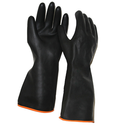 Black double-layer extended and thickened rubber industrial chemical protective gloves for acid and alkali resistance