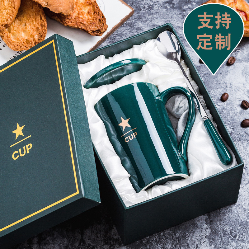 Taza de cerámica Taza de café Taza publicitaria Taza de agua con tapa Cuchara Caja de regalo Taza impresa Regalo LOGO