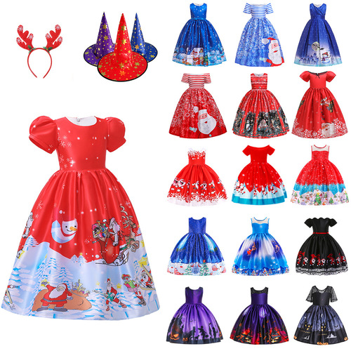 Wholesale 2026 new European and American Halloween Christmas girls 'dress dress forged cloth printed children's jumpsuit princess dress