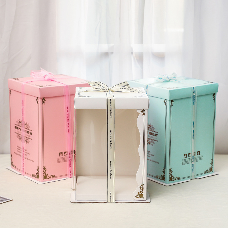 透明生日蛋糕盒子6 8 10 12寸三合一塑料双层加高蛋糕包装盒批发