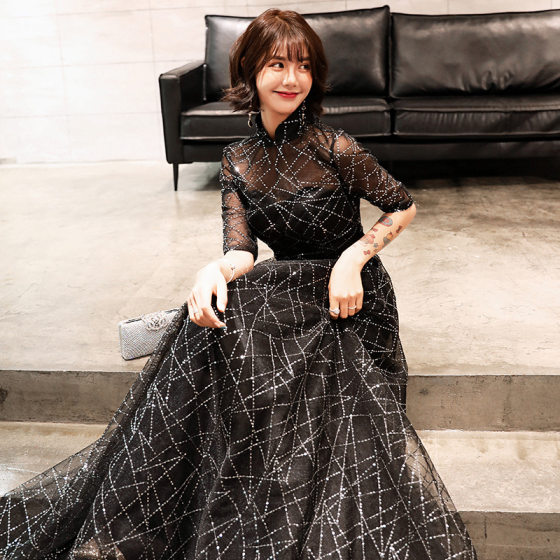 Starry Evening Dress Women's 2024 New Dinner Ladies Fashion Banquet Black Long Birthday Dress