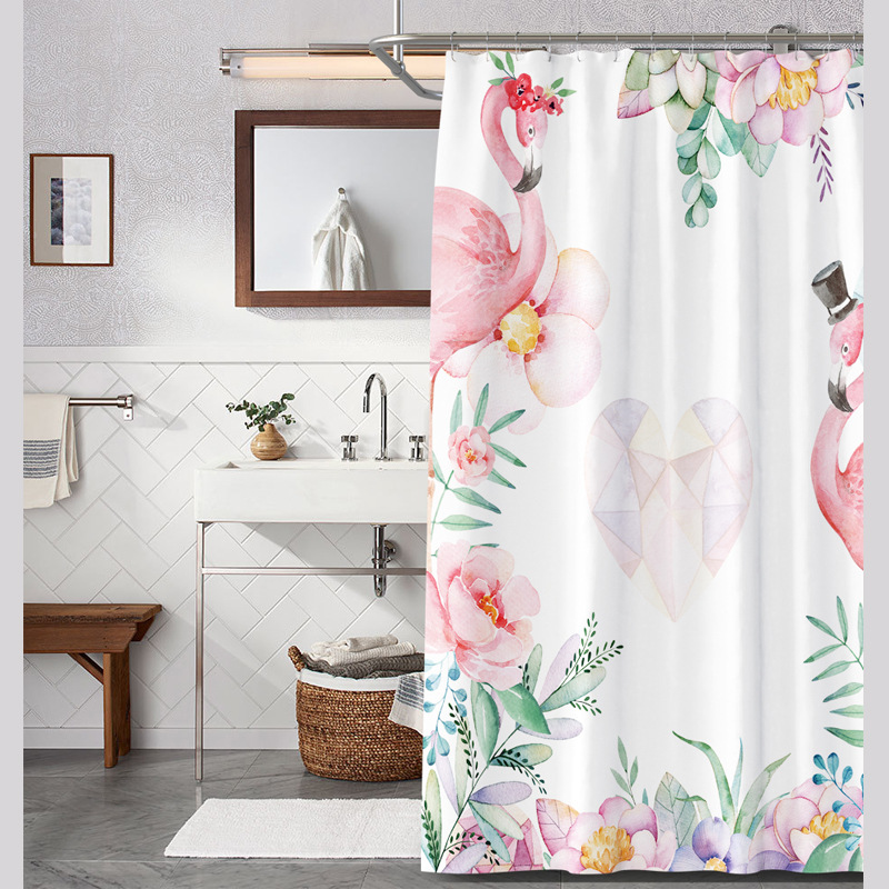 Exklusiv für den grenzüberschreitenden Handel: Duschvorhang mit Flamingo-Motiv, wasserdicht und schimmelresistent, für Badezimmer und Hotels._voghion.com