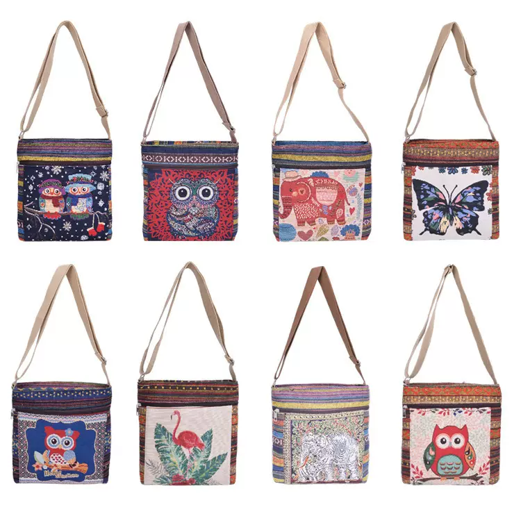 2019直销网红爆款猫头鹰女包单肩包包亚麻中国民族风提花单肩包女