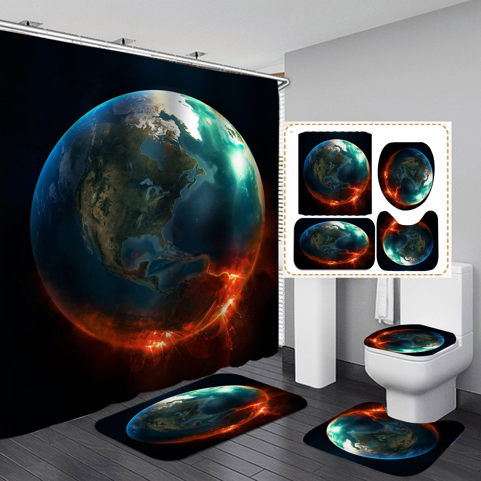Amazon AliExpress impresión digital impermeable azul sueño cielo estrellado agujero negro planeta cielo cortina de ducha suministro directo de fábrica