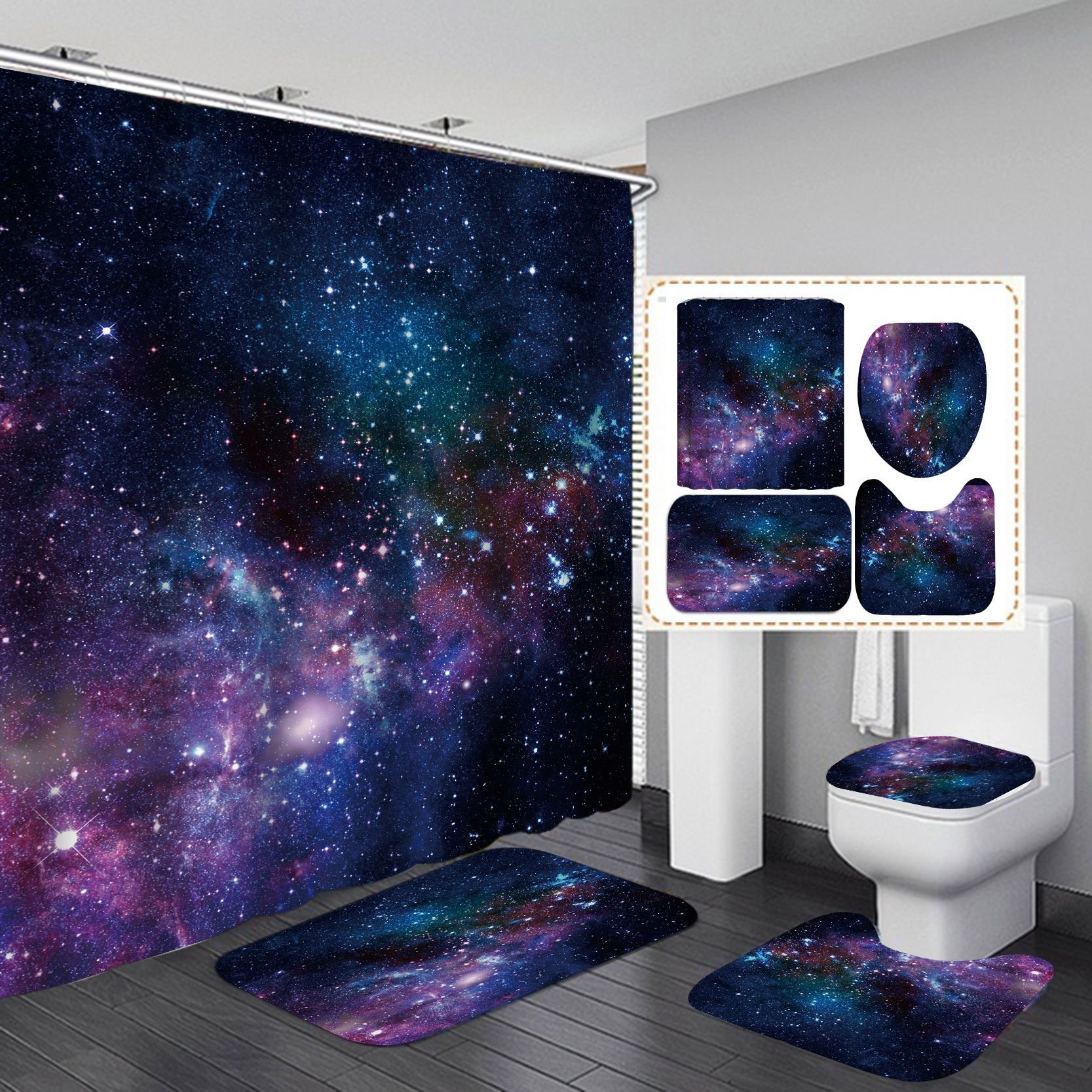 Amazon AliExpress impresión digital impermeable azul sueño cielo estrellado agujero negro planeta cielo cortina de ducha suministro directo de fábrica