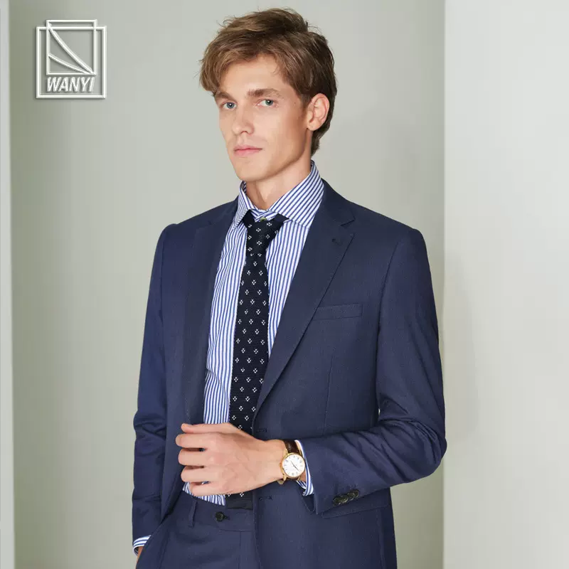 092款男式商务西服鸟眼纹男式西装修身男装职业藏青色西服外套装