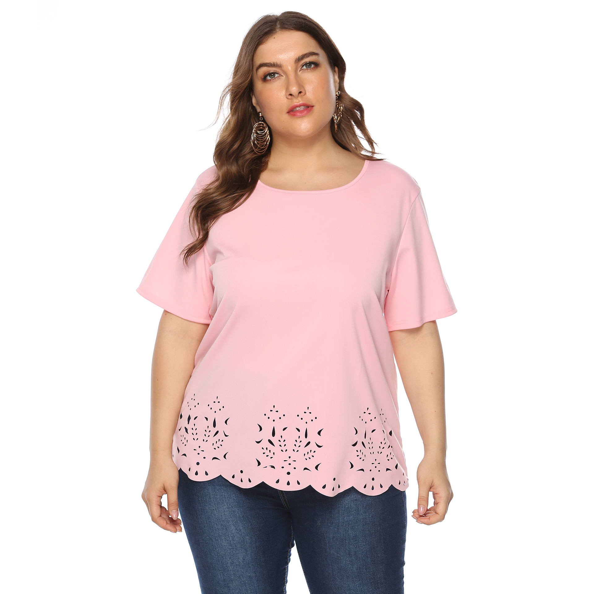 Cross-border Plus tamaño de las mujeres de color sólido quemado flor hueco borde de la onda simple casual cuello redondo Camiseta de manga corta para las mujeres 10019
