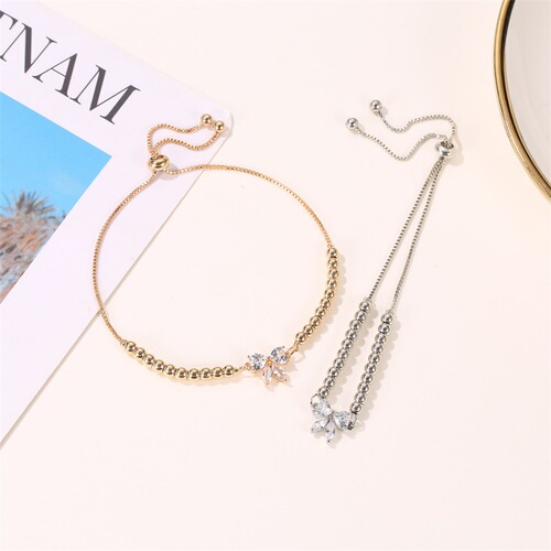 Ins style small fresh micro-inlaid zircon bow bracelet Korean style literary sweet beading adjustable student bracelet