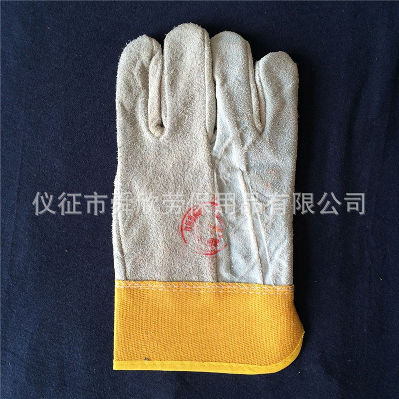 厂家供应长款劳保手套 电焊防阻燃隔热 牛皮加厚焊工劳保手套批发