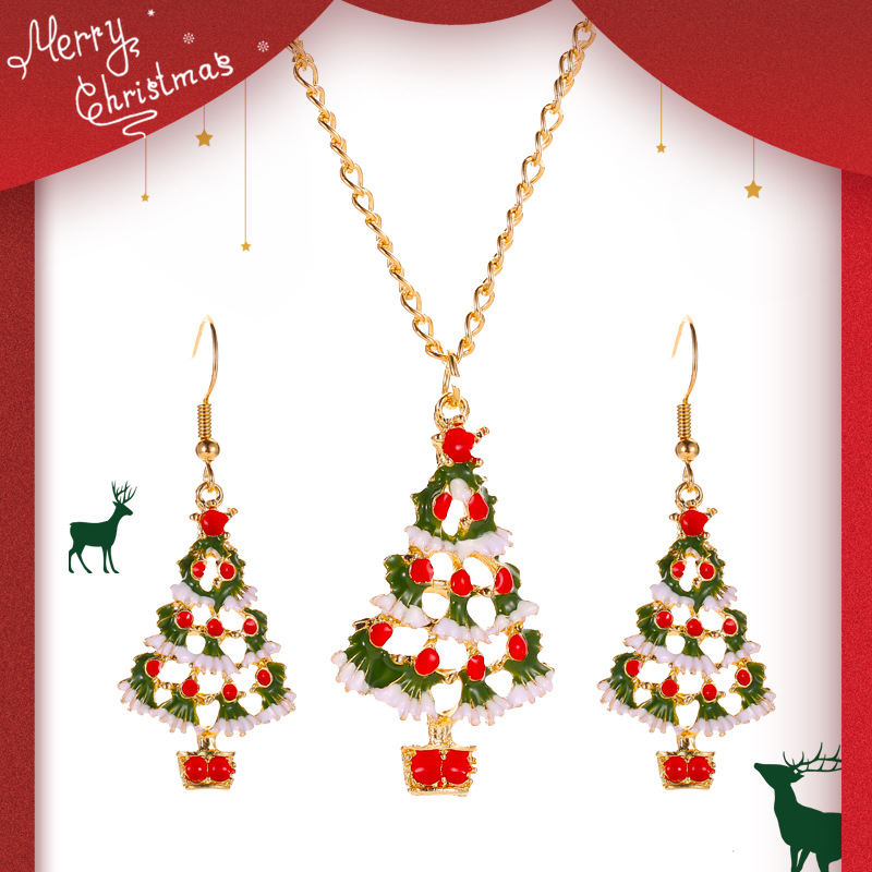 Navidad colorido joyería de dibujos animados lindo goteo aceite árbol de Navidad pendientes collar traje europeo y americano transfronterizo joyería de Venta caliente