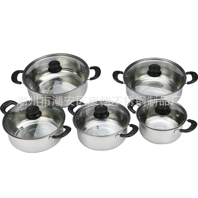 不锈钢汤锅美式高锅五件套锅具套装锅16cm-24cm可定盒礼品锅跨境