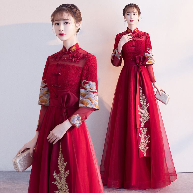 Long Chinese-Style Wedding Dress for Brides in Burgundy for Toasting, 2025, Long-Sleeve Cheongsam Banquet Gown for Women, Summer Long Chinese-Style Wedding Dress for Brides in Burgundy for Toasting, 2025, Long-Sleeve Cheongsam Banquet Gown for Women, Summer