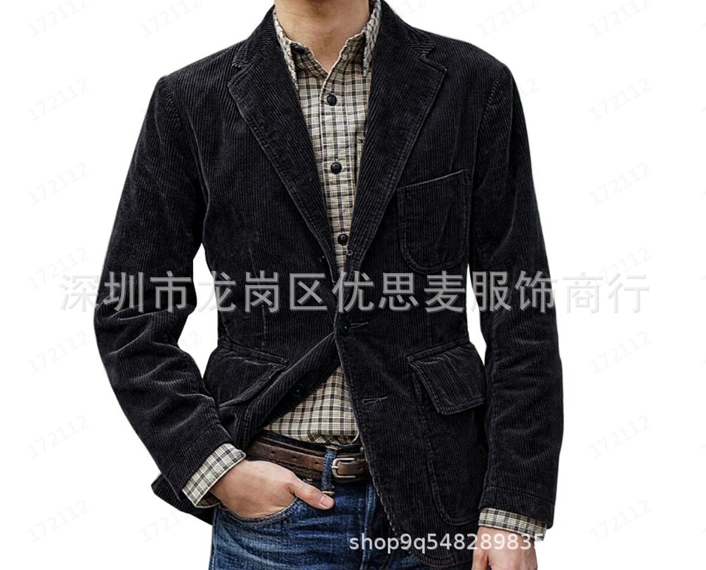 Primavera y otoño 2024 nuevo traje de pana retro casual chaqueta plana traje de color sólido para hombre