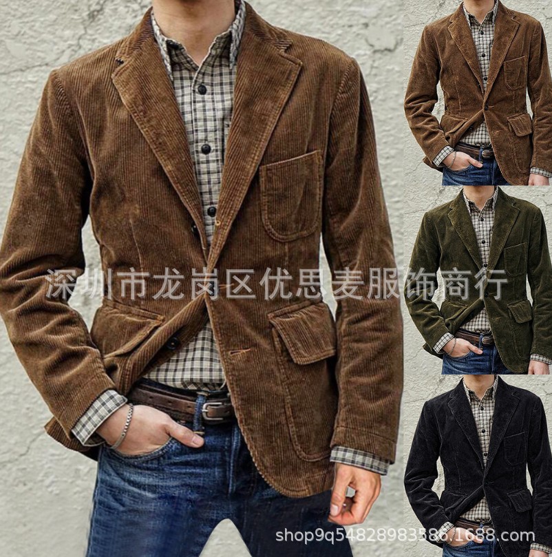 Primavera y otoño 2024 nuevo traje de pana retro casual chaqueta plana traje de color sólido para hombre