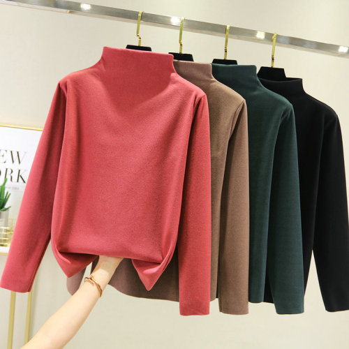 Women's Semi-High Collar Double-Sided Fleece Lining T-Shirt for Autumn/Winter, Thick Long-Sleeve T-Shirt with Warmth