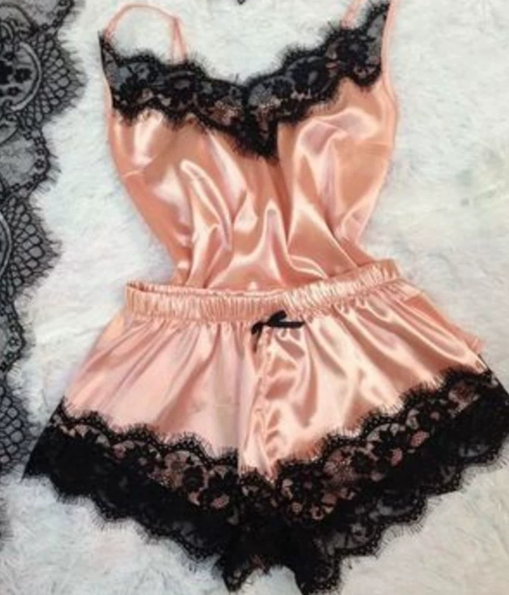 Lace Sexy Thin Pajama Set, Plus Size, Lift Effect, Spaghetti Straps