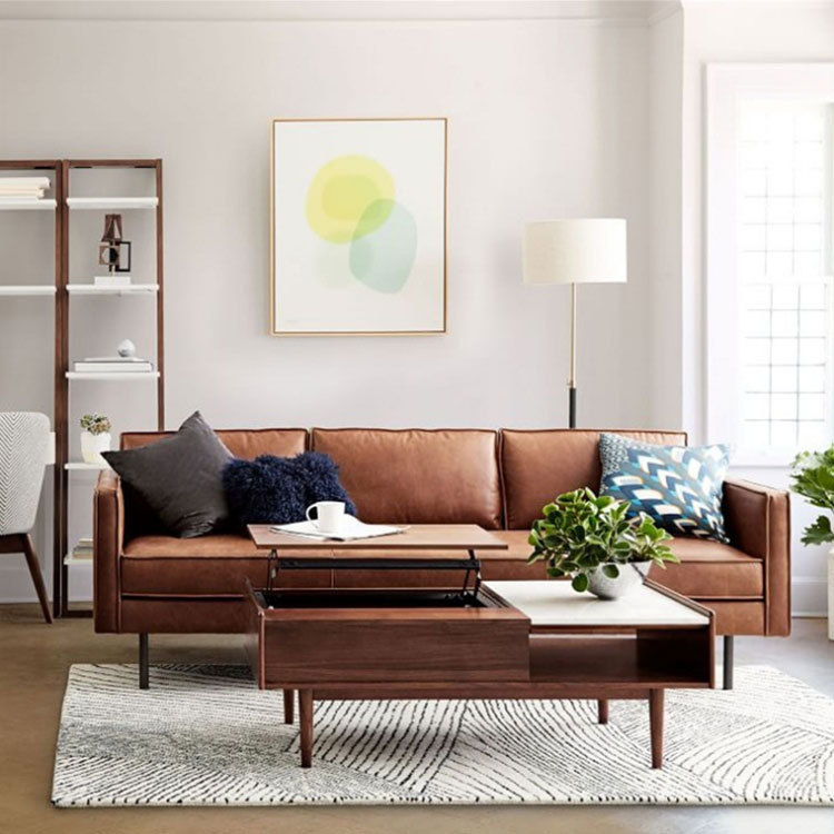 Sofá de tres plazas de cuero de lujo nórdico para sala de estar, estilo sencillo para apartamentos pequeños y casas de alquiler, hecho de cuero vacuno de primera calidad.