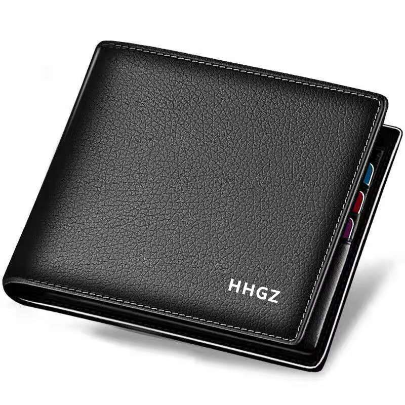 Men's PU leather self-sensing litchi pattern short wallet with built-in zipper wallet large bill holder student trendy wallet