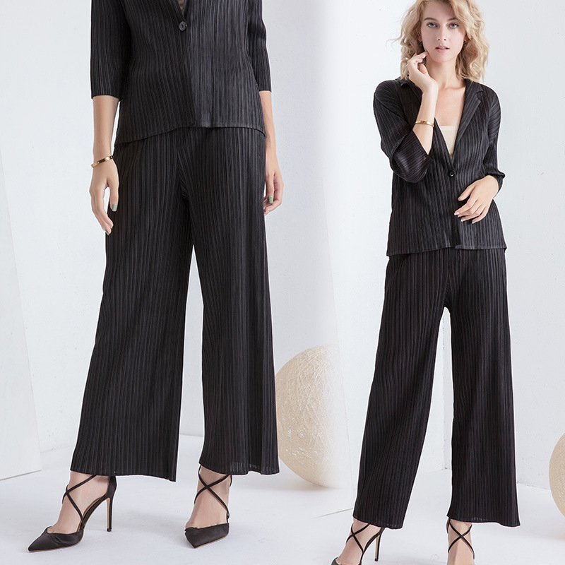 Summer Pleated Women's Pants Ankle Suit Pants LAZADA Miyake High Waist Straight Leg Wide Leg Loosen Waist Casual Pants