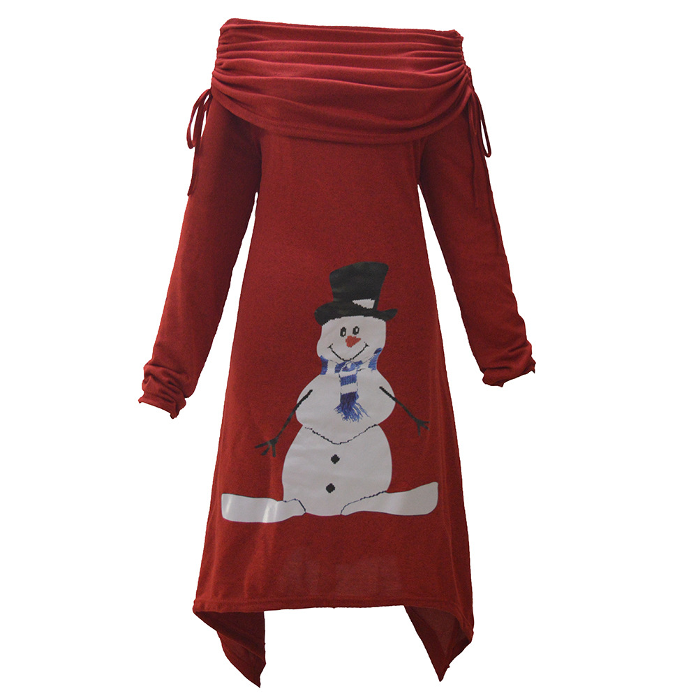 Womens Christmas Snowman Print Ruffled Collar Irregular Drawstring Dress Autumn Winter Fashion Wholesale Available