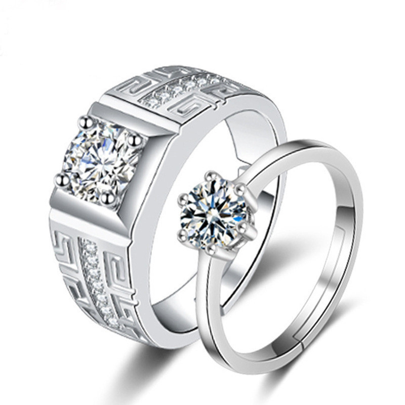 Couple ring men's and women's diamond ring simulation zircon open wedding ring silver-plated domineering Korean European and American men's ring wholesale
