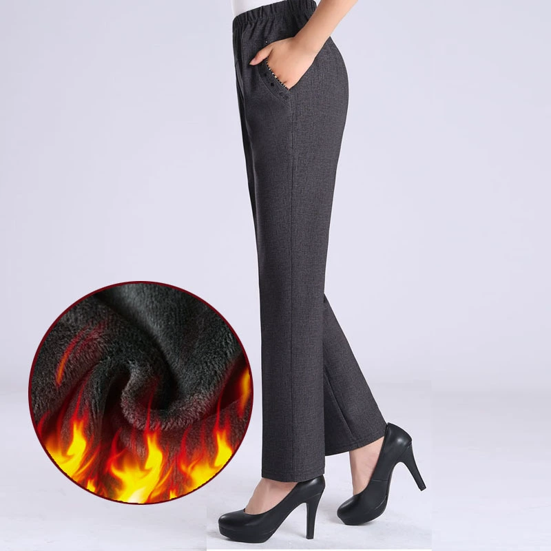 Утолщенные брюки на флисовой подкладке, повседневные брюки для среднего возраста, Четырехсторонние эластичные Новые прямые женские брюки, теплые и толстые зимние