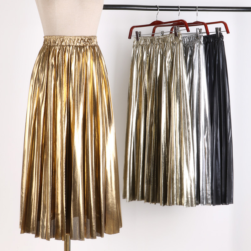 Skirt 2019 Autumn and Winter New Slim Korean Style High Waist Versatile Metal Reflective Mid-Length A-Line Pleated Skirt for Women