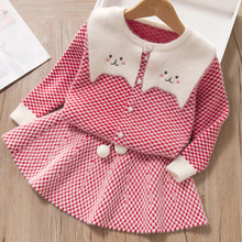 可爱秋款婴幼童裙套装女宝宝卡通千鸟格可爱猫咪毛衣裙套装摆地摊