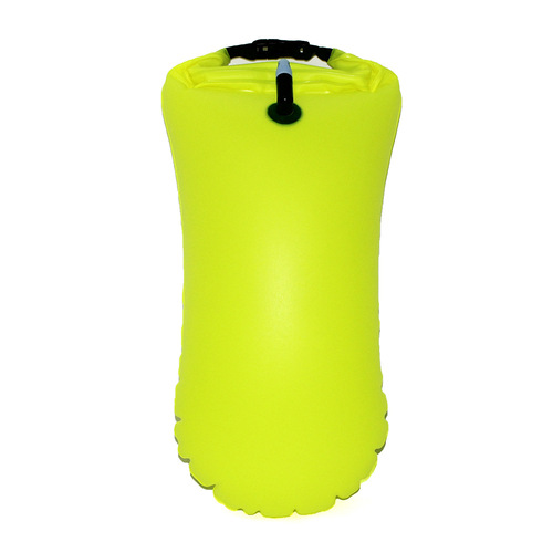 Air-inflatable swimming float with storage for manufacturer's single airbag, follow-me ball, waterproof drifting swimming bag