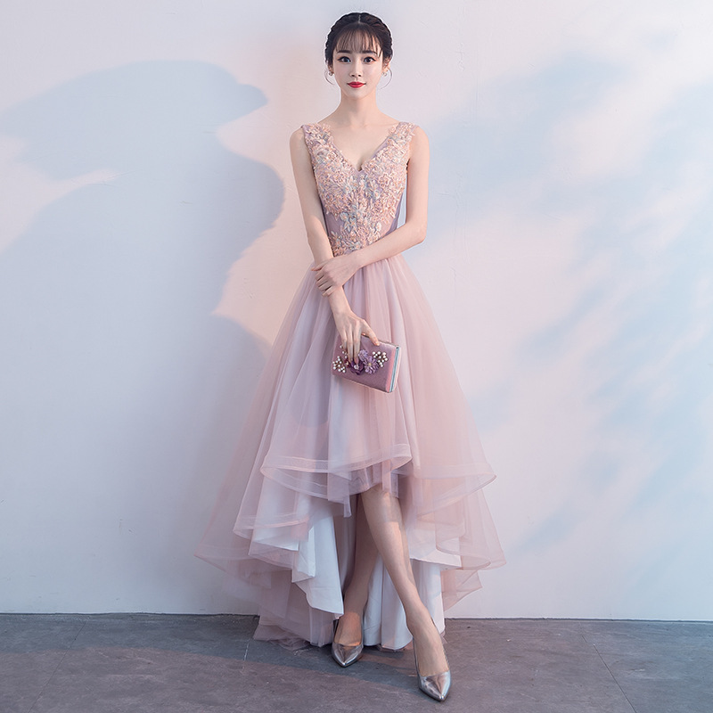 High-End New Fairy-Style Short Front and Long Back Double-Shoulder Hostess Elegant Banquet Pink Evening Dress