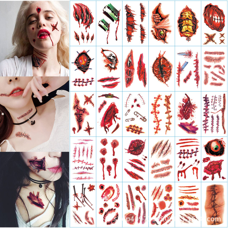 Spot wholesale Halloween tattoo stickers durable anti-real men's and women's fake wound horror funny scar tattoo stickers