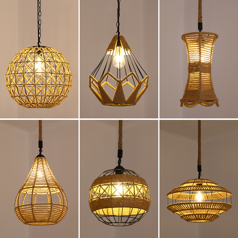 Retro estilo industrial cuerda de cáñamo lámpara cuerda hecha a mano bricolaje pantalla ropa restaurante personalidad creativa país cáñamo cuerda araña