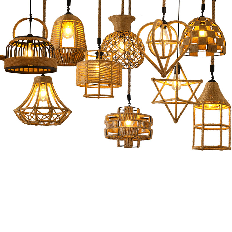 Lámpara de araña de estilo chino para comedor, dormitorio de estilo japonés, restaurante retro de estilo Zen, hot pot, iluminación con pantalla de hierro y cuerda de cáñamo al por mayor