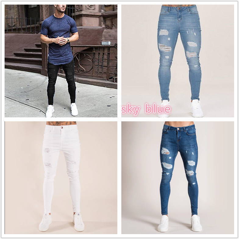 Cross-border foreign trade jeans men's washed men's tight knee hole European station 2018 spring and summer thin men's