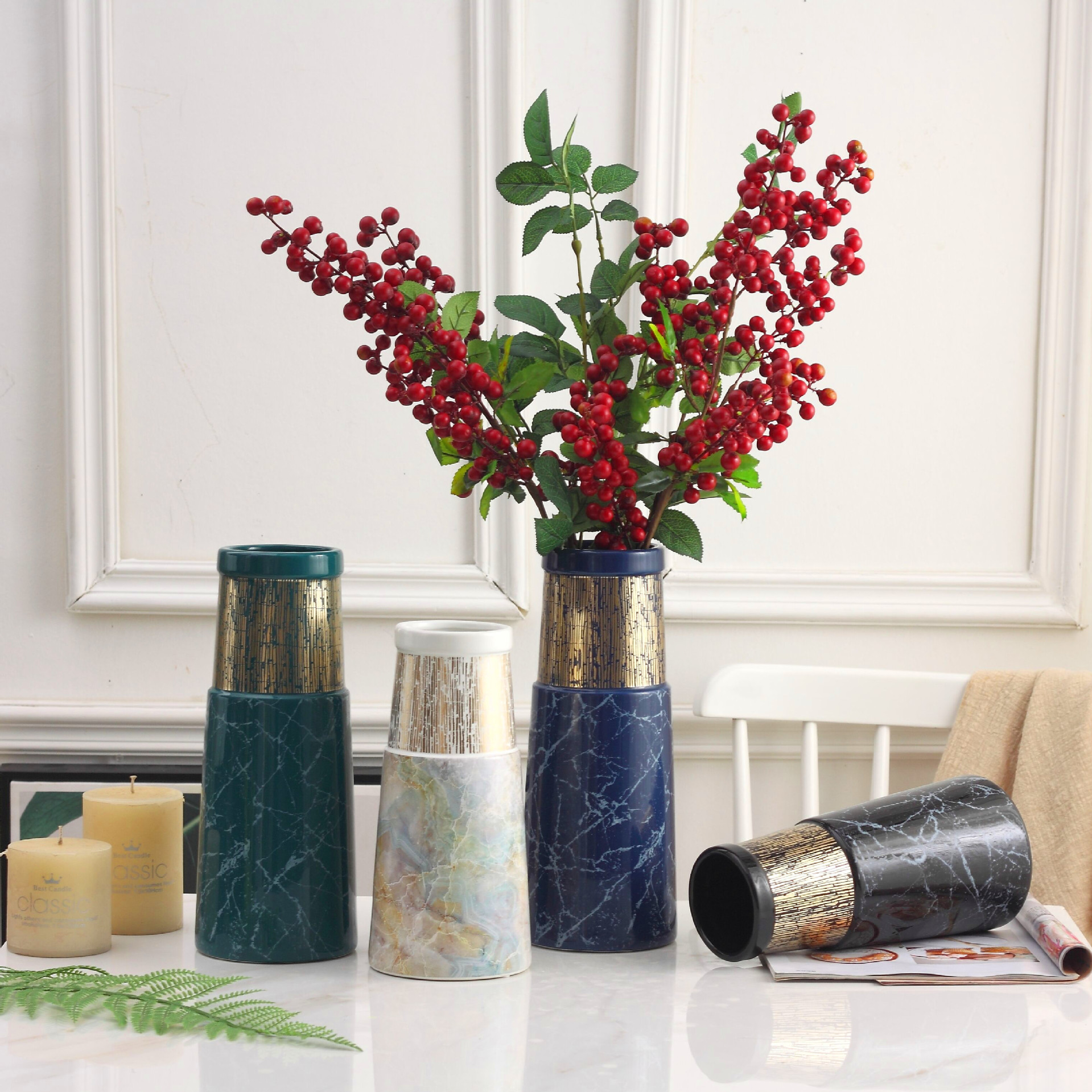 Simple Luxury Modern European Style Green Blue White Gold Stone Pattern Ceramic Vase Flower Ornaments Home Soft Decorations