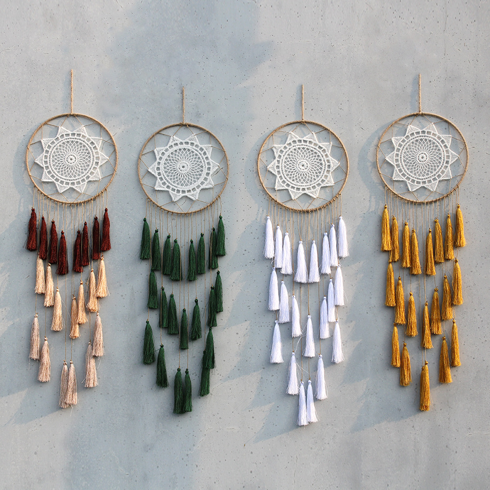 Atrapasueños decoración de pared boho con borlas de lino largo_voghion.com