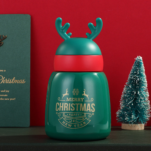 圣诞保温杯大肚创意萌趣麋鹿可爱杯萌宠鹿角水杯304不锈钢高颜值
