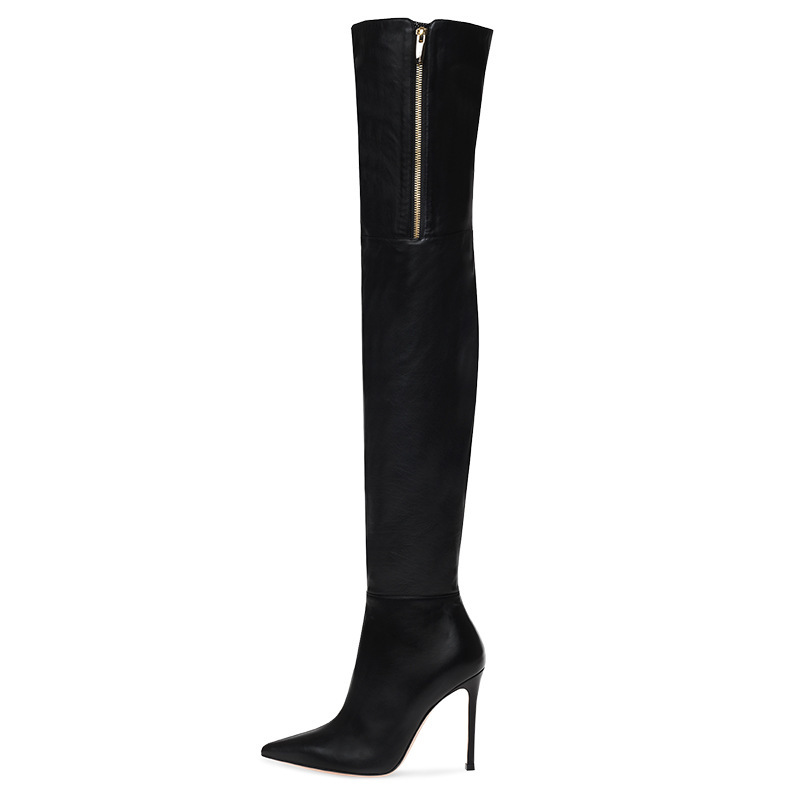 Black PU European and American women's sexy pointed stiletto high heel thigh boots inner zipper Amazon AliExpress large size boots