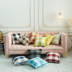 New Linen Cute Ball Edge Cushion Cover, Cotton-Linen Grid Throw Pillow Cover, Seat Cushion Cover, Direct Factory Supply