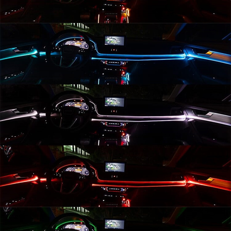 Coche faro luz fría coche música de voz controlada respiración decoración interior colorido color cambiante luz guía tira fibra óptica