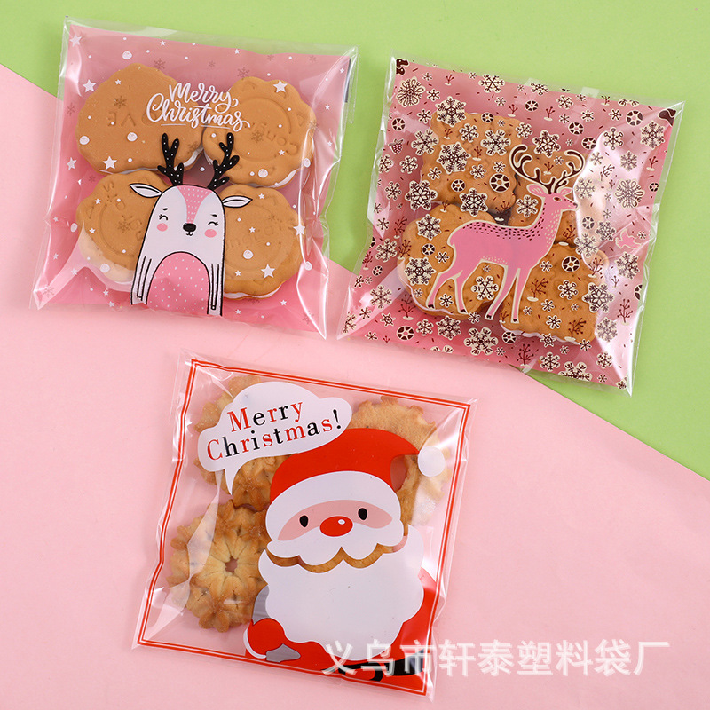 原创圣诞节老人粉麋鹿礼品雪花酥糖果曲奇饼干自粘包装袋100枚入