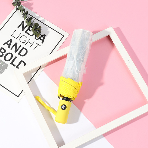 Fully automatic transparent umbrella, small fresh folding three-fold umbrella with color handle and logo printable white PVC umbrella