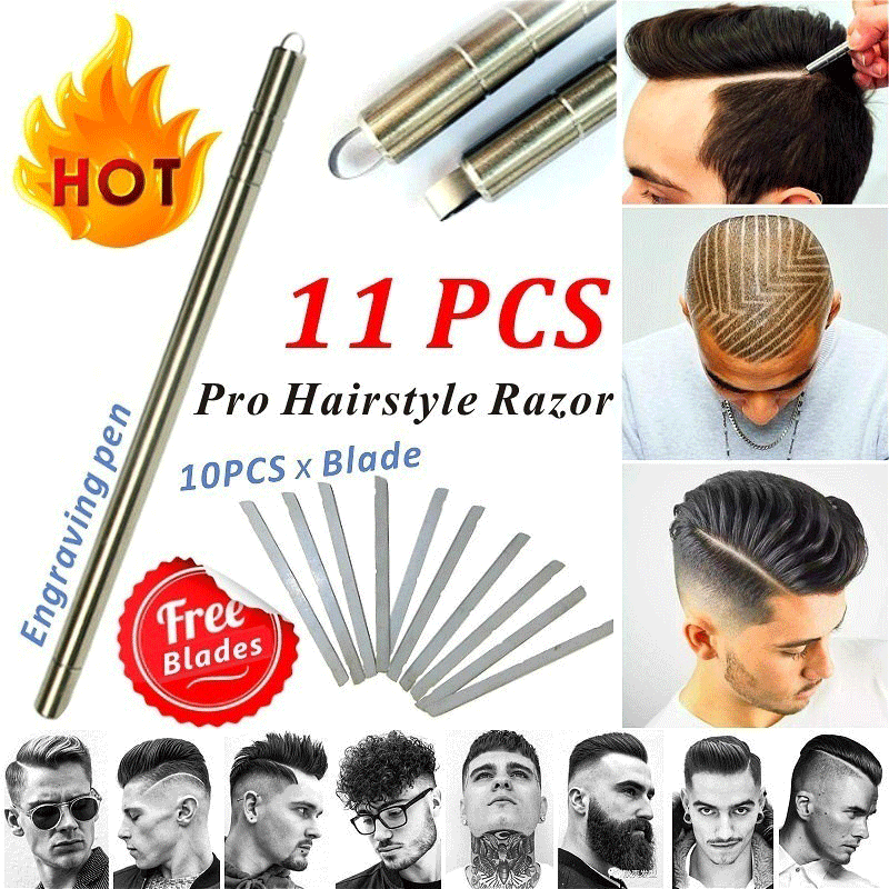 Hair Carving Pen Magic Oil Head Nicks Men's Hairstyle Steel Razor Pen European Haircut Razor Blade Set
