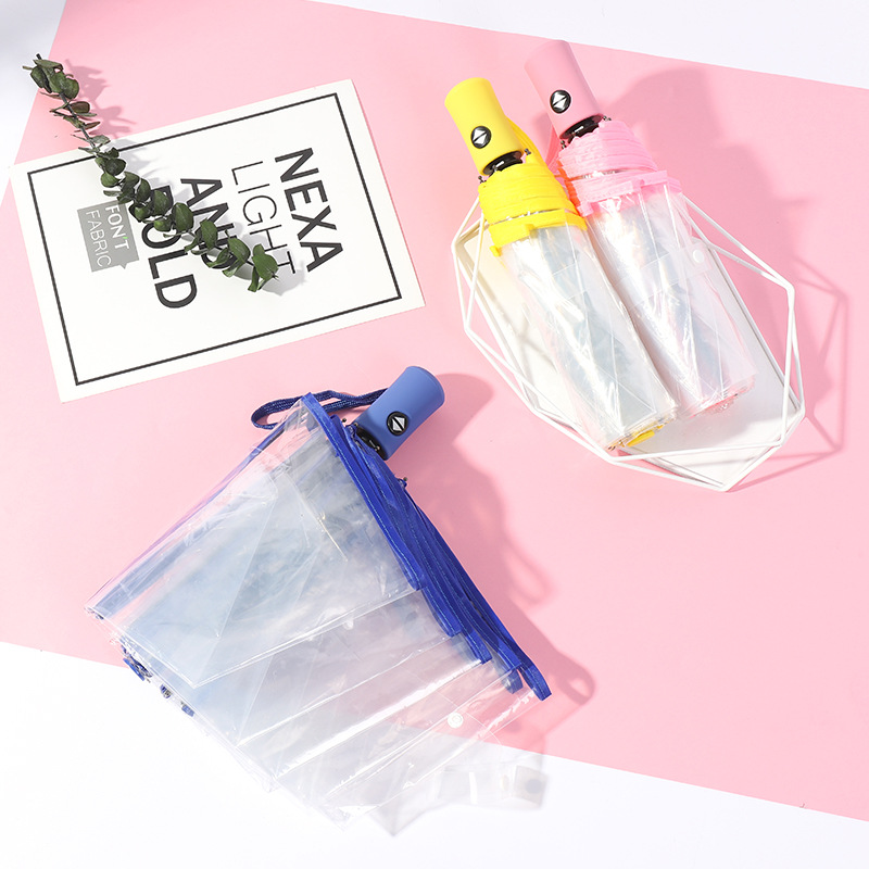 Paraguas transparente completamente automático plegable de tres veces mango de color pequeño logotipo imprimible femenino fresco blanco ventas directas de fábrica de PVC