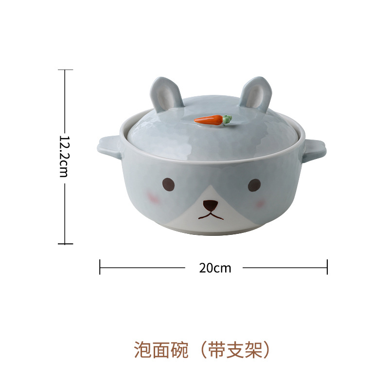 Serie de cocina lindo animal tazón de fideos instantáneos tazón de arroz de cerámica de doble oreja de gran capacidad tazón de fideos antiquemaduras para niños tazón de sopa de arroz