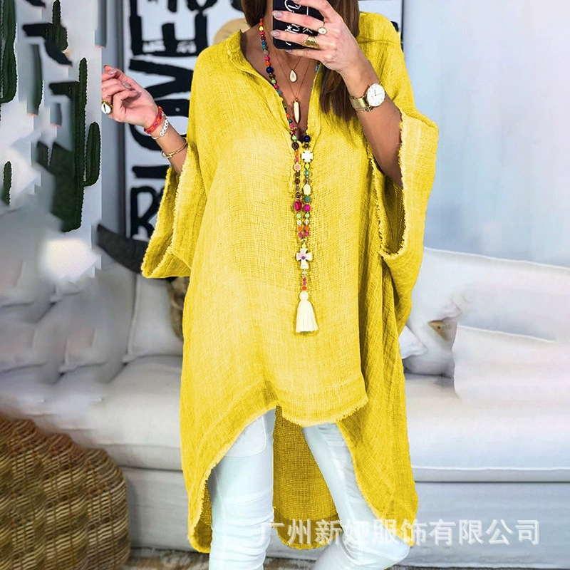 Женские топы из хлопка и льна 2020wish, свободные повседневные однотонные рубашки с V-образным вырезом, женский стиль