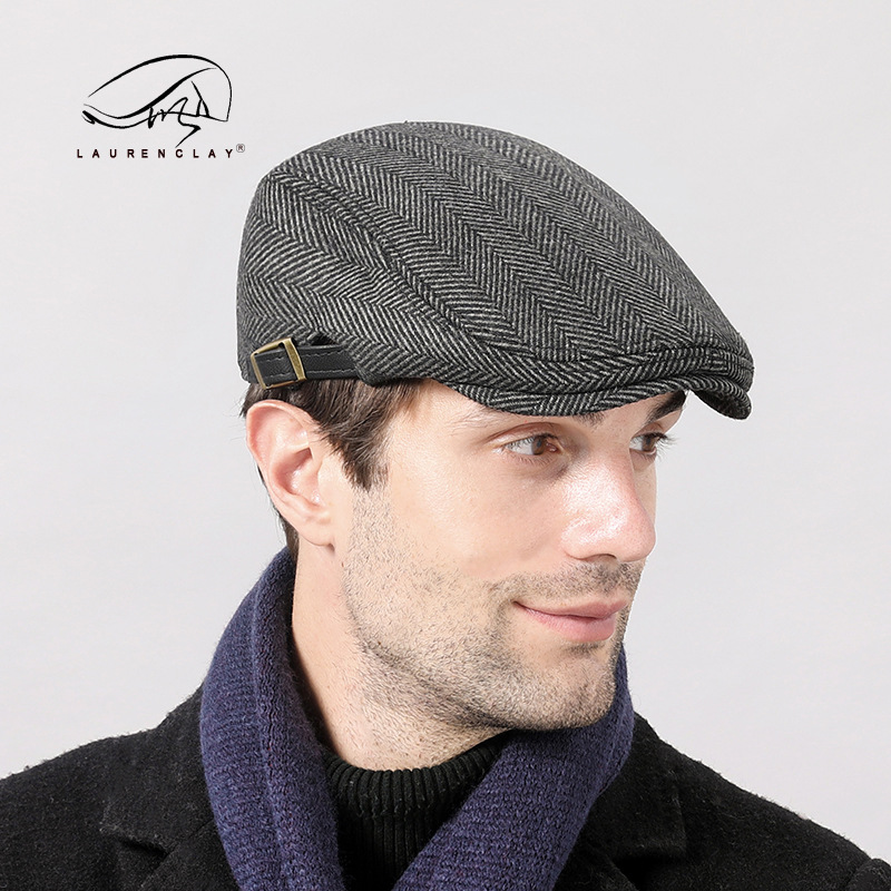 Casquillo de los hombres de otoño e invierno boina de lana retro británico de mediana edad y ancianos J cálido sombrero delantero