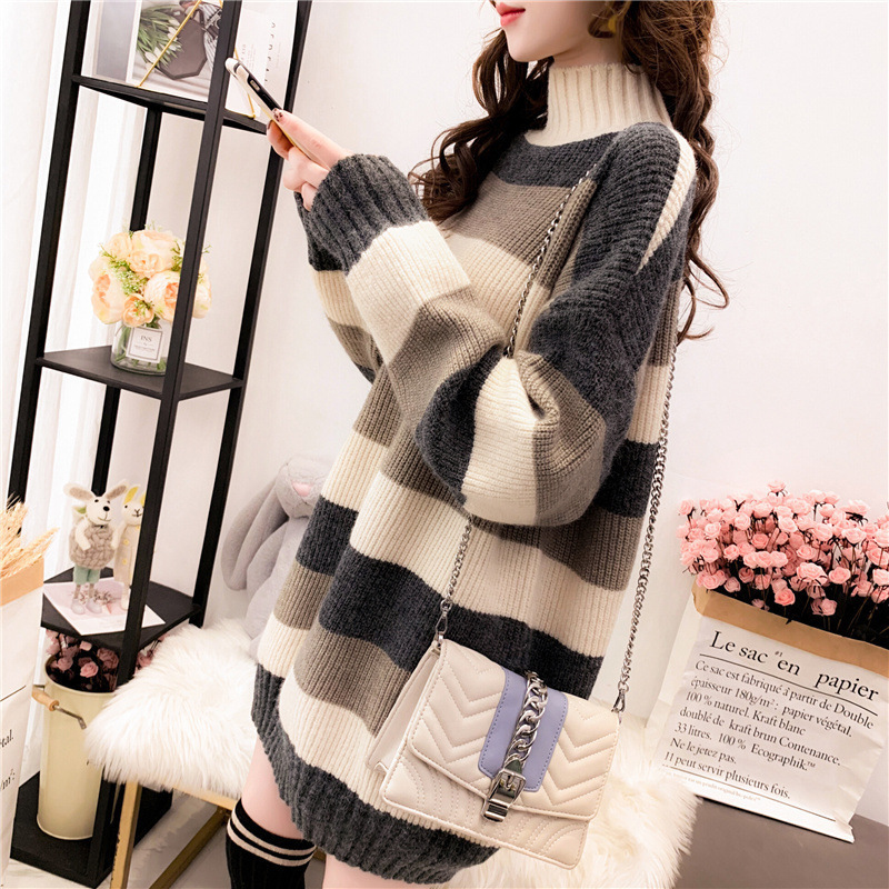 Lazy Style Mid-Length Loose Large Size Sweater 2025 Half Turtleneck Knitted Pullover Bottoming Shirt Stripesd Dress for Women Lazy Style Mid-Length Loose Large Size Sweater 2025 Half Turtleneck Knitted Pullover Bottoming Shirt Stripesd Dress for Women