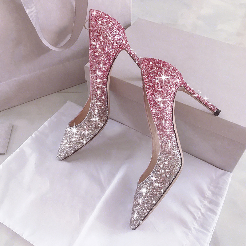 Sequin High Heels with Thin Heels and Pointed Toes 2026 New Style Single Shoes French Style Girl Internet Celebrity Bride Crystal Wedding Shoes Silver Color