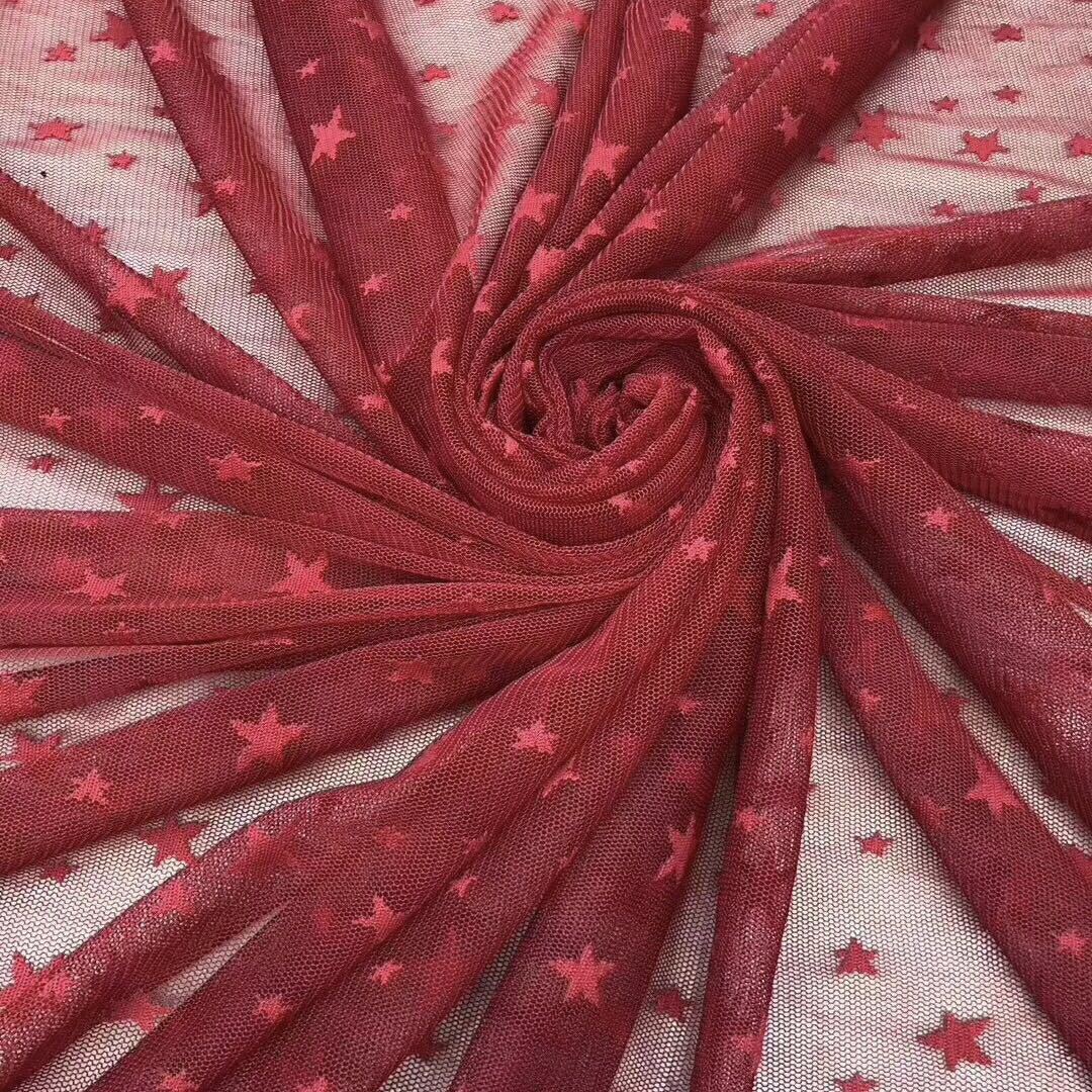Tela de encaje de poliéster, tela de malla jacquard no elástica, patrón de estrella de cinco puntas, multicolor, suministro directo del fabricante.